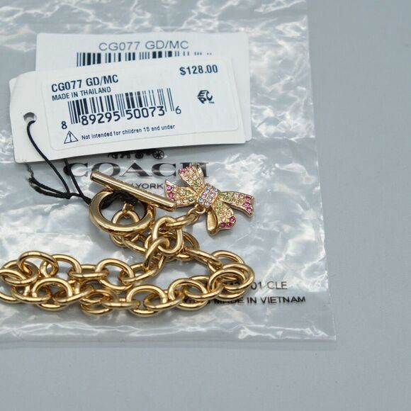 Coach Bow Pave Gold Tone Chain Link Bracelet CG077 Rhinestones - Picture 3 of 4